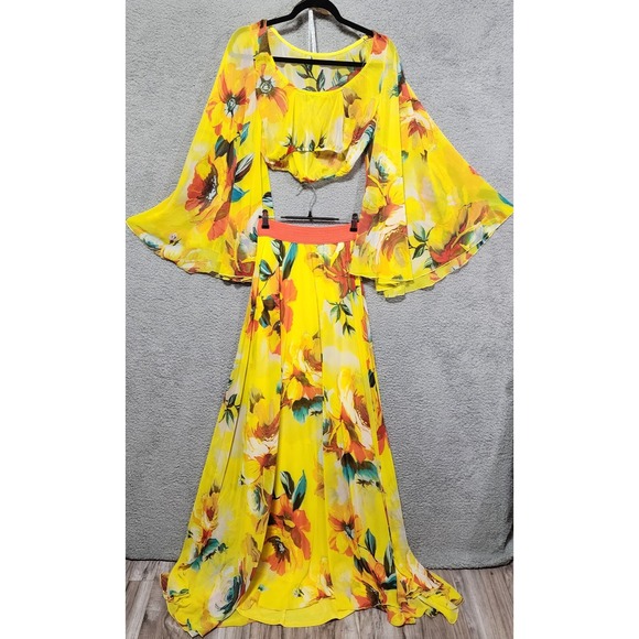 Va‎ Va Voom Yellow Floral Blouse Skirt Summer Maxi Dress Size S Sheery Cocktail